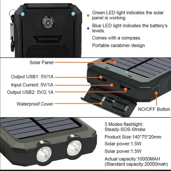 ⚡️☀️SOLAR Charger USB Portable Power Bank for Cell Phones,laptop with flashlight - Picture 9 of 10